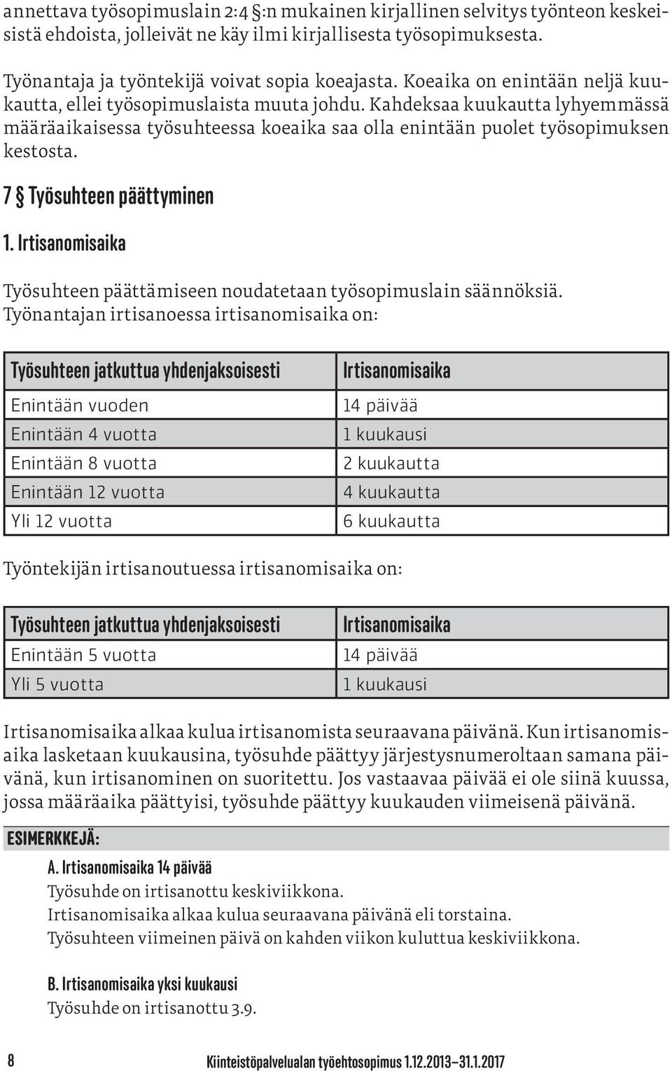 7 Työsuhteen päättyminen 1. Irtisanomisaika Työsuhteen päättämiseen noudatetaan työsopimuslain säännöksiä.