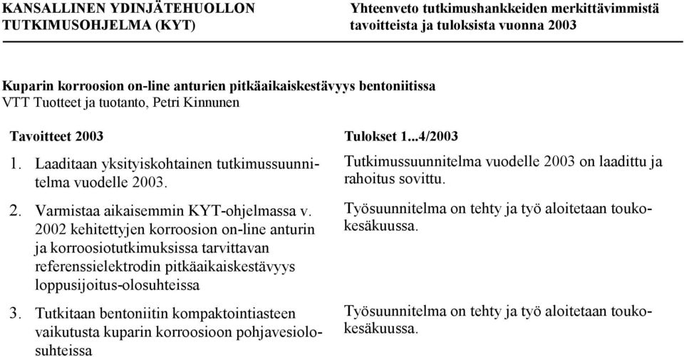 2002 kehitettyjen korroosion on-line anturin ja korroosiotutkimuksissa tarvittavan referenssielektrodin pitkäaikaiskestävyys loppusijoitus-olosuhteissa 3.