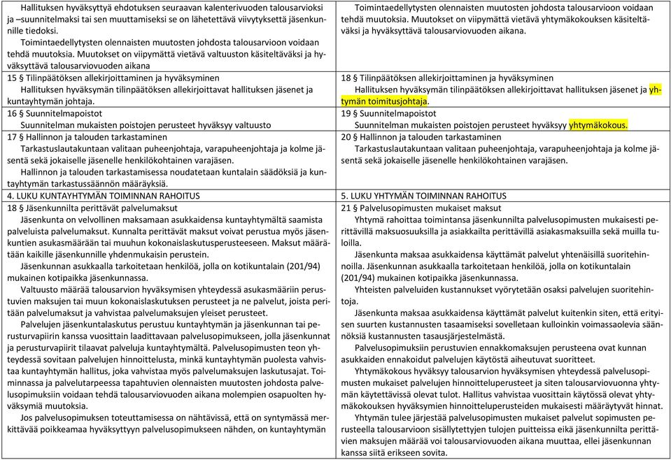 Muutokset on viipymättä vietävä valtuuston käsiteltäväksi ja hyväksyttävä talousarviovuoden aikana 15 Tilinpäätöksen allekirjoittaminen ja hyväksyminen Hallituksen hyväksymän tilinpäätöksen