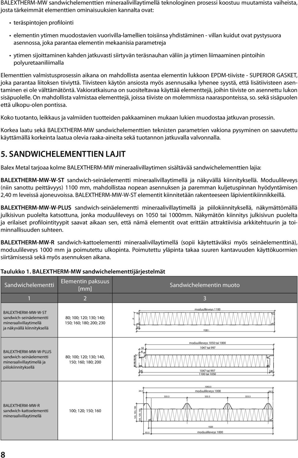 jatkuvasti siirtyvän teräsnauhan väliin ja ytimen liimaaminen pintoihin polyuretaaniliimalla Elementtien valmistusprosessin aikana on mahdollista asentaa elementin lukkoon EPDM-tiiviste - SUPERIOR