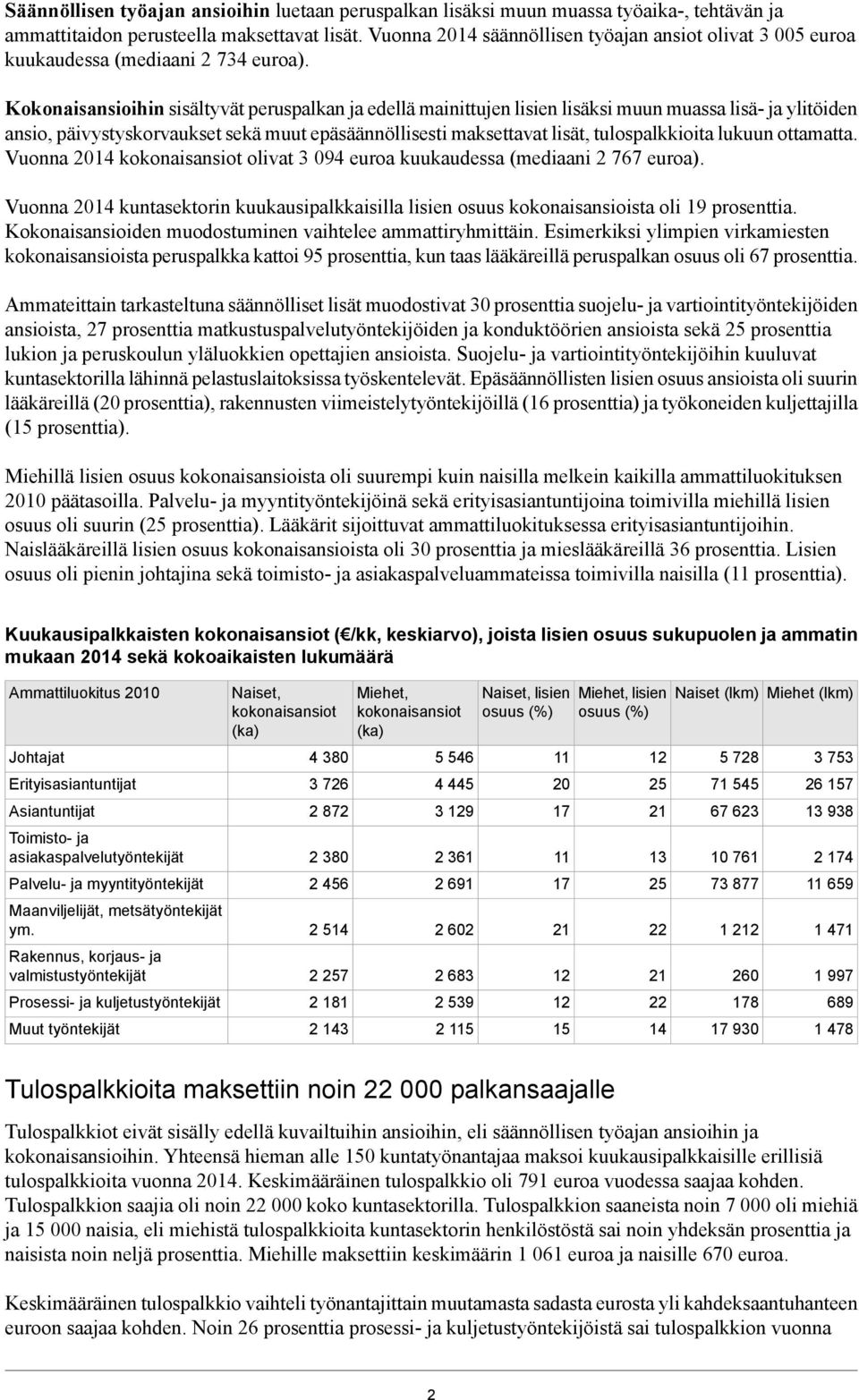 Kokonaisansioihin sisältyvät peruspalkan ja edellä mainittujen lisien lisäksi muun muassa lisä- ja ylitöiden ansio, päivystyskorvaukset sekä muut epäsäännöllisesti maksettavat lisät, tulospalkkioita