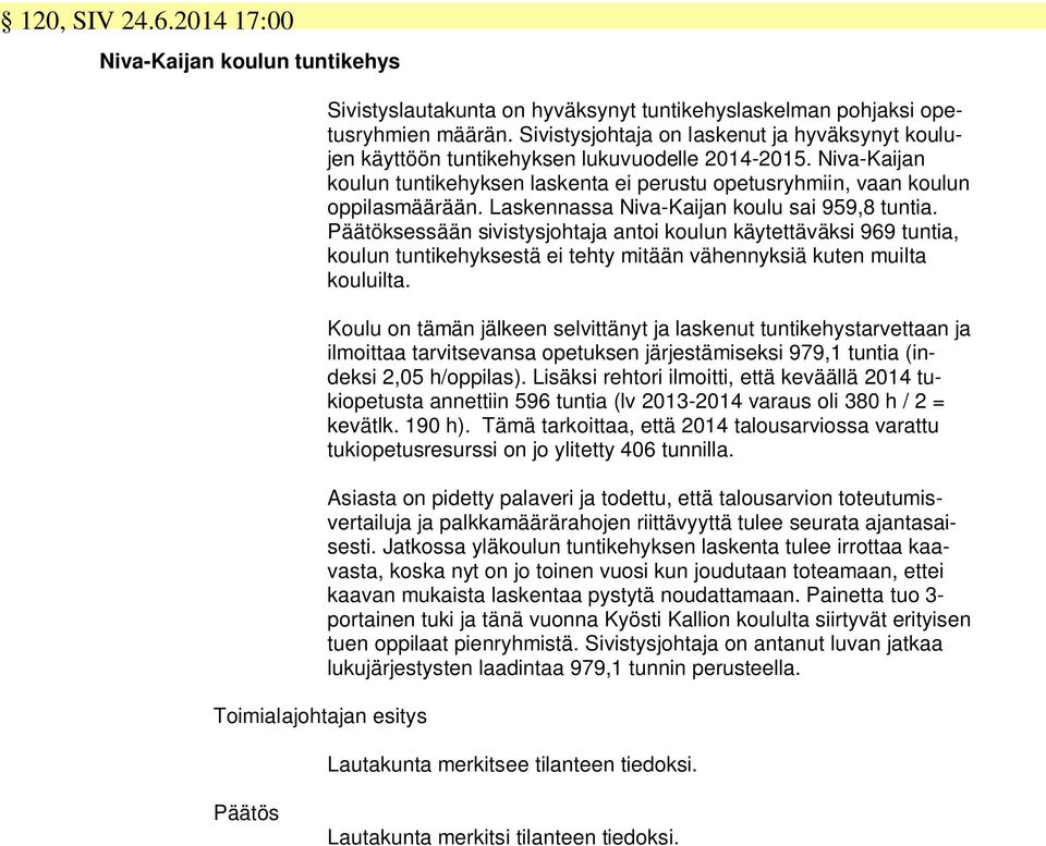 Laskennassa Niva-Kaijan koulu sai 959,8 tuntia. Päätöksessään sivistysjohtaja antoi koulun käytettäväksi 969 tuntia, koulun tuntikehyksestä ei tehty mitään vähennyksiä kuten muilta kouluilta.