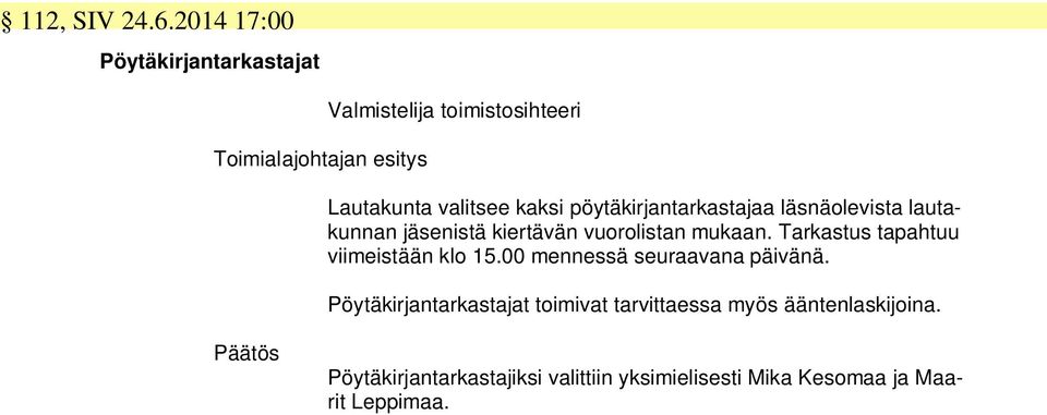 kaksi pöytäkirjantarkastajaa läsnäolevista lautakunnan jäsenistä kiertävän vuorolistan mukaan.