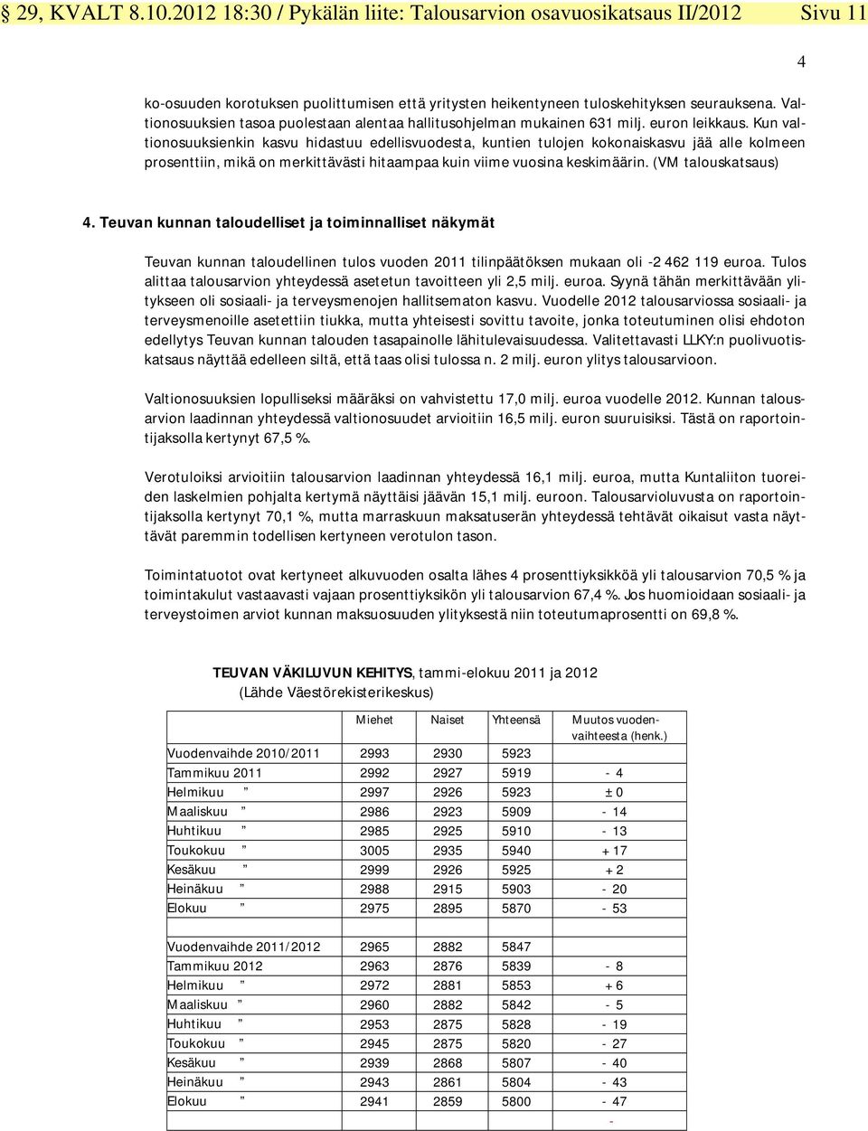 (VM talouskatsaus) 4 4. Teuvan kunnan taloudelliset ja toiminnalliset näkymät Teuvan kunnan taloudellinen tulos vuoden 2011 tilinpäätöksen mukaan oli -2 462 119 euroa.