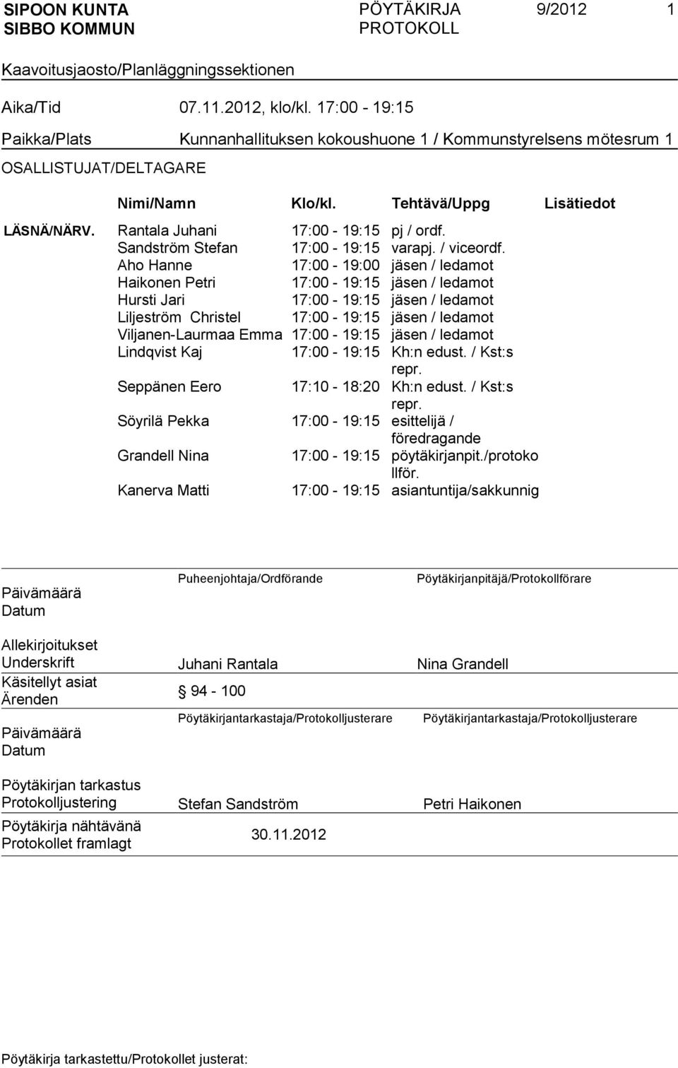 Aho Hanne 17:00-19:00 jäsen / ledamot Haik Petri 17:00-19:15 jäsen / ledamot Hursti Jari 17:00-19:15 jäsen / ledamot Liljeström Christel 17:00-19:15 jäsen / ledamot Viljanen-Laurmaa Emma 17:00-19:15