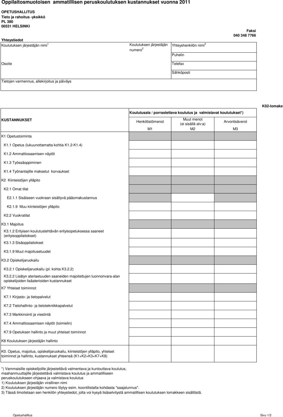 1 Opetus (lukuunottamatta kohtia K1.2-K1.4) K1.2 Ammattiosaamisen näytöt K1.3 Työssäoppiminen K1.4 Työnantajille maksetut korvaukset K2 Kiinteistöjen ylläpito K2.1 Omat tilat E2.1.1 Sisäiseen vuokraan sisältyvä pääomakustannus K2.