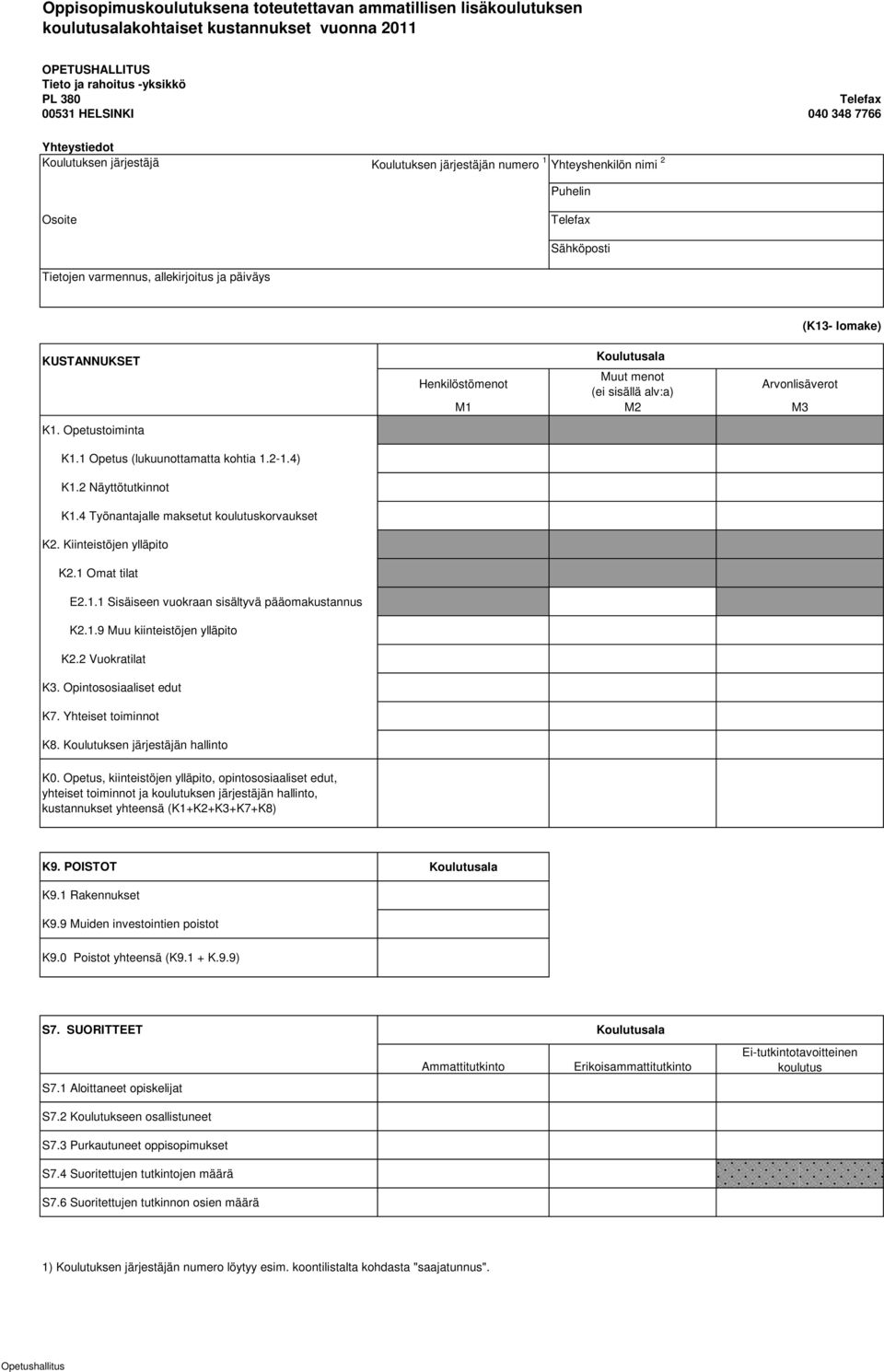 Koulutusala Henkilöstömenot Muut menot (ei sisällä alv:a) Arvonlisäverot M1 M2 M3 K1. Opetustoiminta K1.1 Opetus (lukuunottamatta kohtia 1.2-1.4) K1.2 Näyttötutkinnot K1.