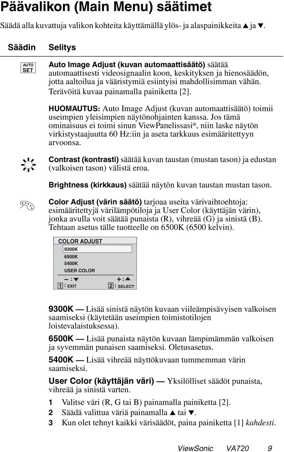 Terävöitä kuvaa painamalla painiketta [2]. HUOMAUTUS: Auto Image Adjust (kuvan automaattisäätö) toimii useimpien yleisimpien näytönohjainten kanssa.