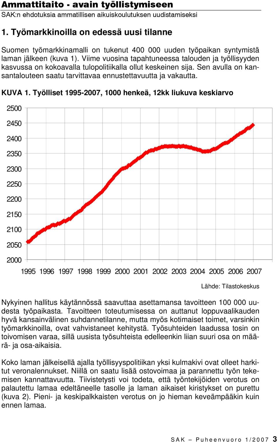 Viime vuosina tapahtuneessa talouden ja työllisyyden kasvussa on kokoavalla tulopolitiikalla ollut keskeinen sija. Sen avulla on kansantalouteen saatu tarvittavaa ennustettavuutta ja vakautta. KUVA 1.