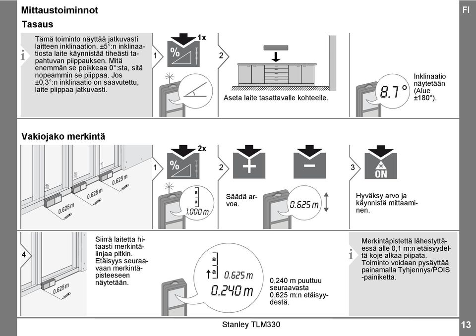 7 Inklinaatio näytetään (Alue ±80 ). Vakiojako merkintä x 3 3.000 m Säädä arvoa. 0.65 m Hyväksy arvo ja käynnistä mittaaminen. 4 Siirrä laitetta hitaasti merkintälinjaa pitkin.