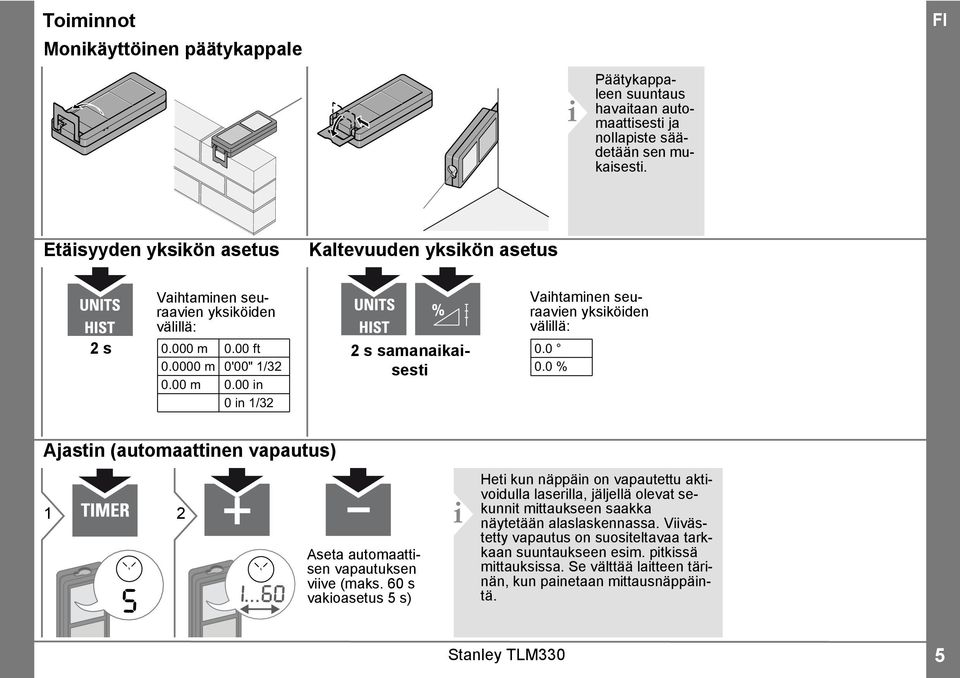 0000 m 0'00" /3 0.0 % 0.00 m 0.00 in 0 in /3 Ajastin (automaattinen vapautus) s i Aseta automaattisen vapautuksen viive (maks.