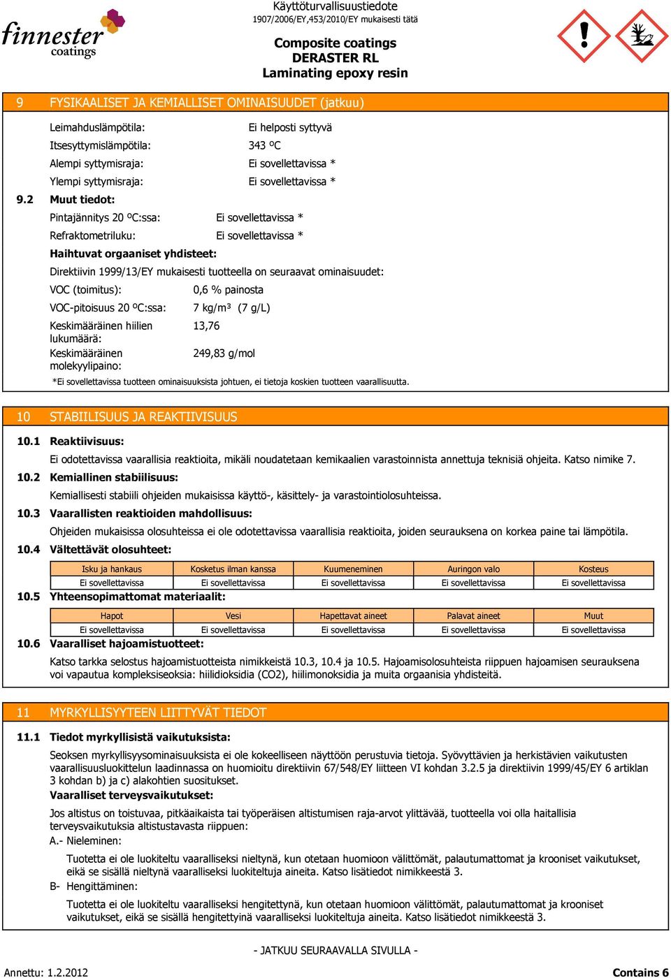 Keskimääräinen molekyylipaino: 0,6 % painosta 7 kg/m³ (7 g/l) 13,76 * * 24,83 g/mol Ei helposti syttyvä 343 ºC * * * tuotteen ominaisuuksista johtuen, ei tietoja koskien tuotteen vaarallisuutta.