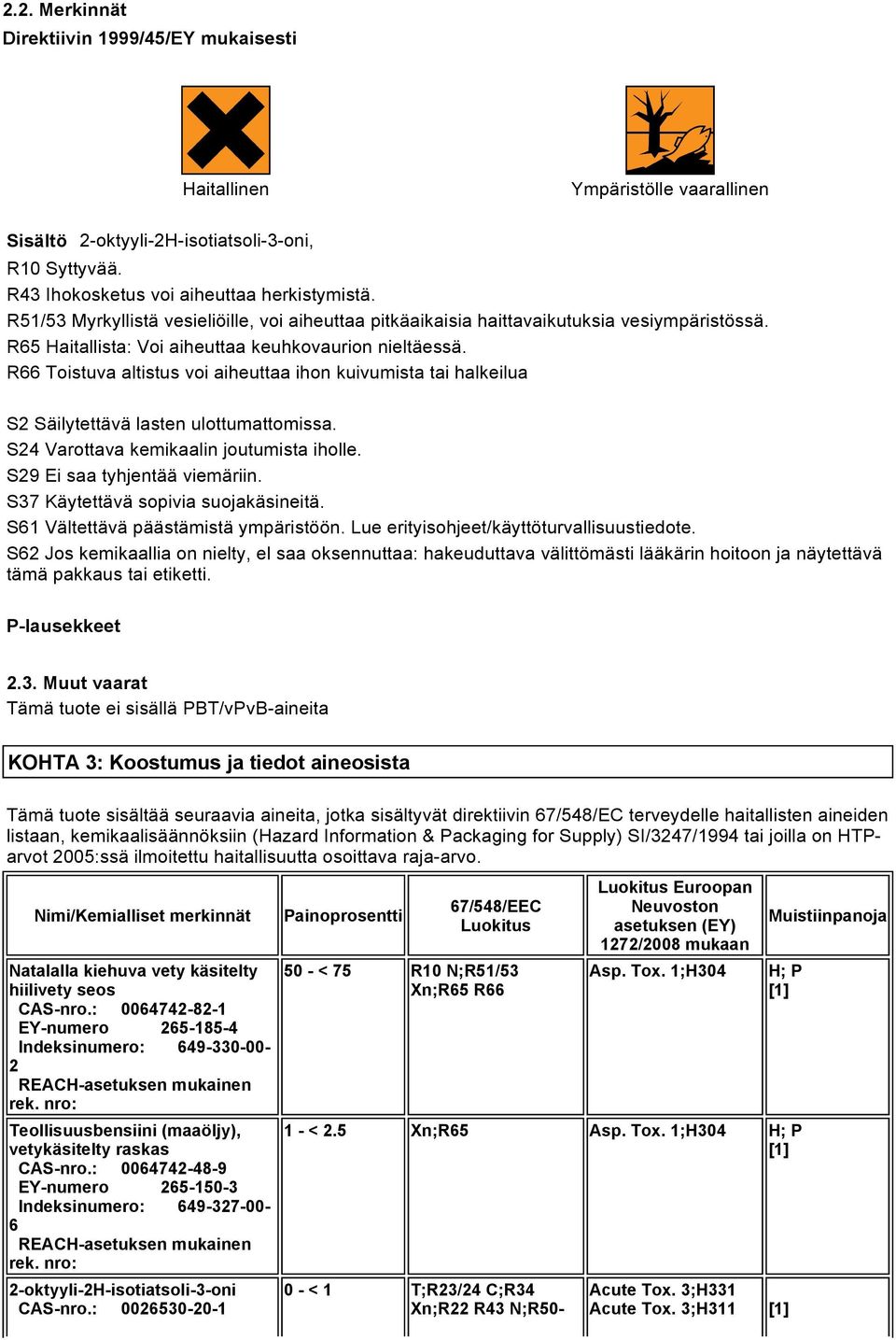 R66 Toistuva altistus voi aiheuttaa ihon kuivumista tai halkeilua S2 Säilytettävä lasten ulottumattomissa. S24 Varottava kemikaalin joutumista iholle. S29 Ei saa tyhjentää viemäriin.