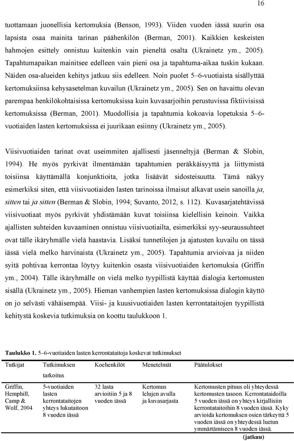 Näiden osa-alueiden kehitys jatkuu siis edelleen. Noin puolet 5 6-vuotiaista sisällyttää kertomuksiinsa kehysasetelman kuvailun (Ukrainetz ym., 2005).