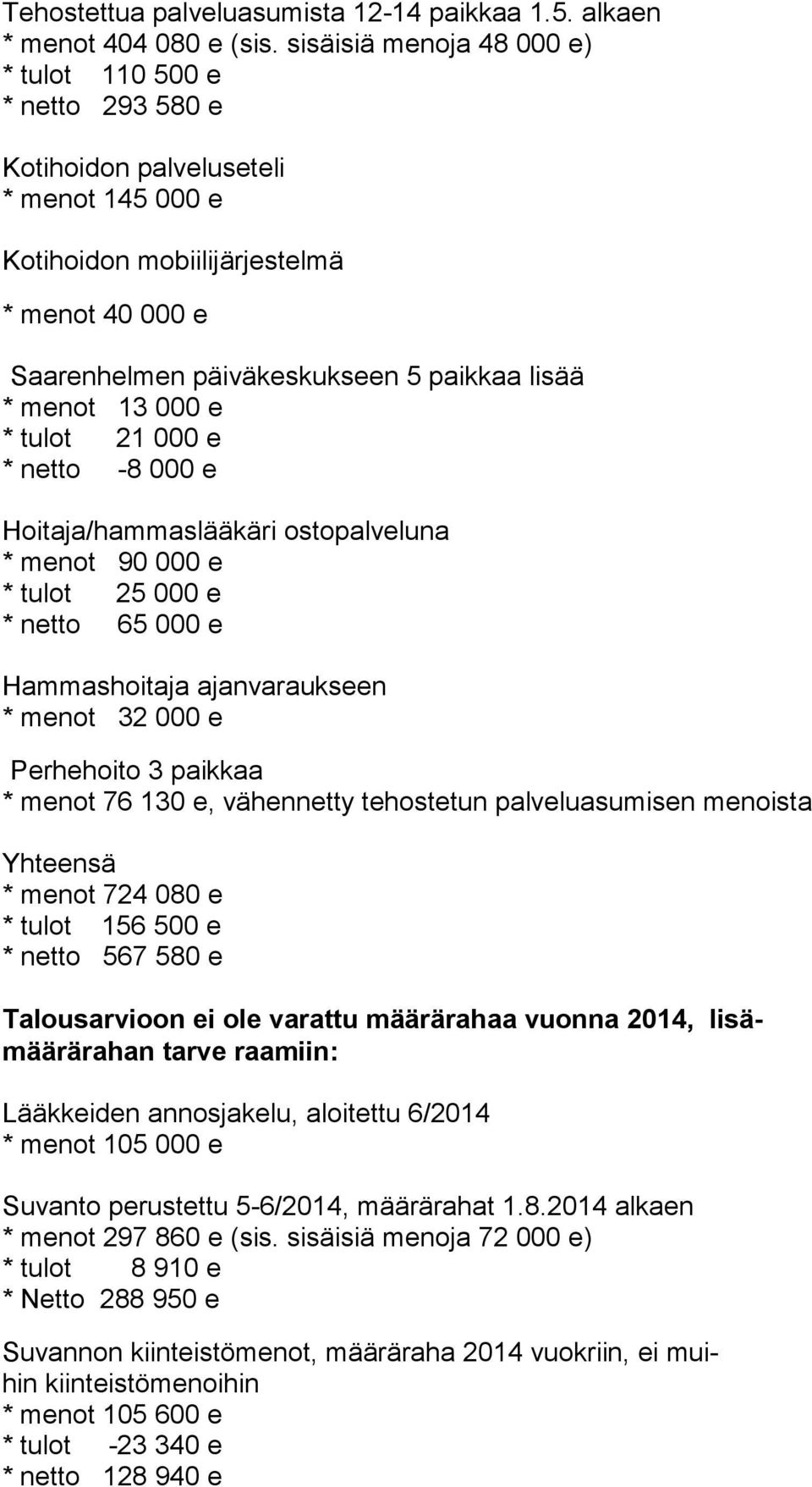 menot 13 000 e * tulot 21 000 e * netto -8 000 e Hoitaja/hammaslääkäri ostopalveluna * menot 90 000 e * tulot 25 000 e * netto 65 000 e Hammashoitaja ajanvaraukseen * menot 32 000 e Perhehoito 3
