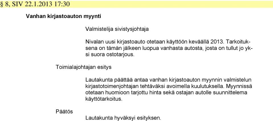 käyttöön keväällä 2013. Tarkoituksena on tämän jälkeen luopua vanhasta autosta, josta on tullut jo yksi suora ostotarjous.