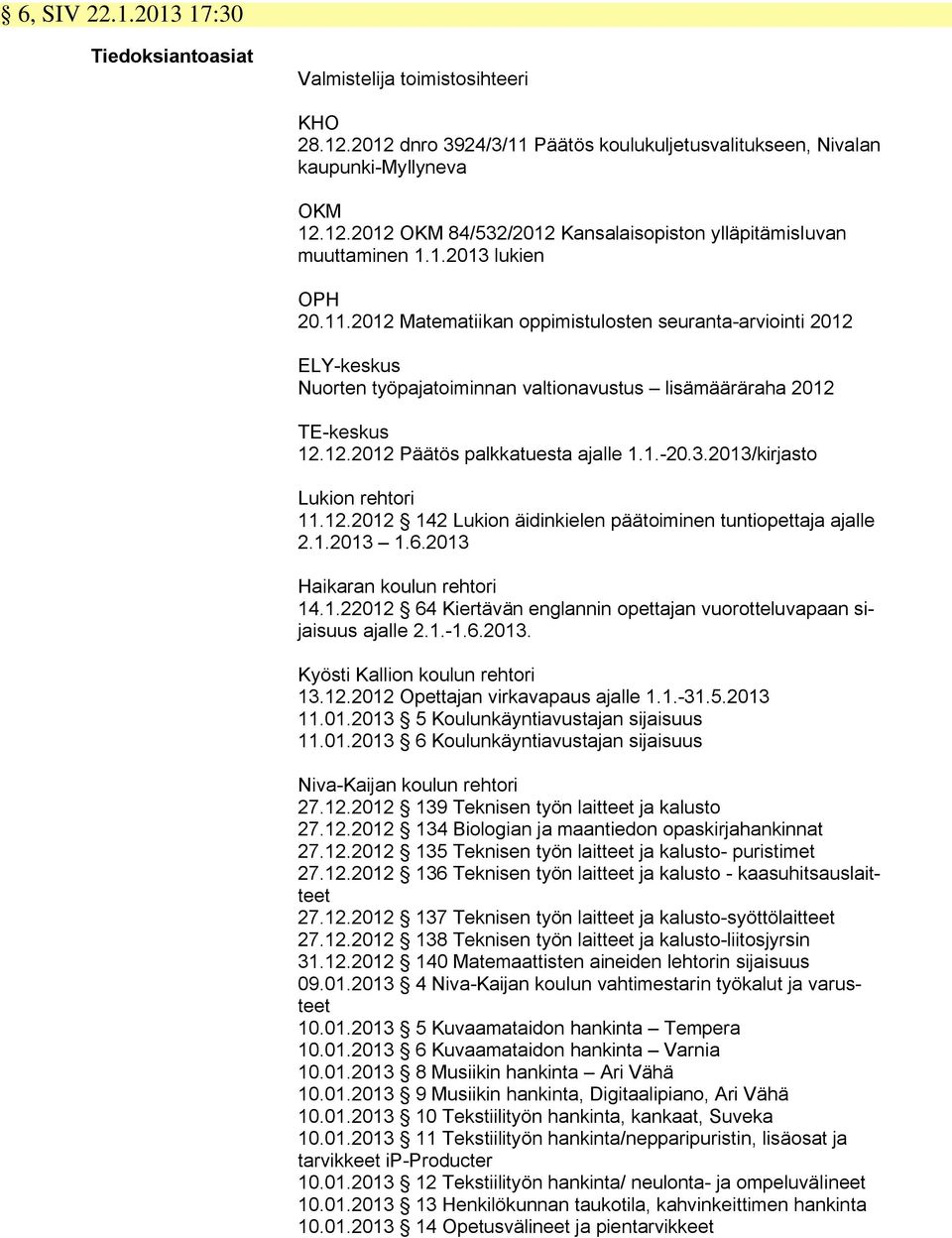 3.2013/kirjasto Lukion rehtori 11.12.2012 142 Lukion äidinkielen päätoiminen tuntiopettaja ajalle 2.1.2013 1.6.2013 Haikaran koulun rehtori 14.1.22012 64 Kiertävän englannin opettajan vuorotteluvapaan sijaisuus ajalle 2.