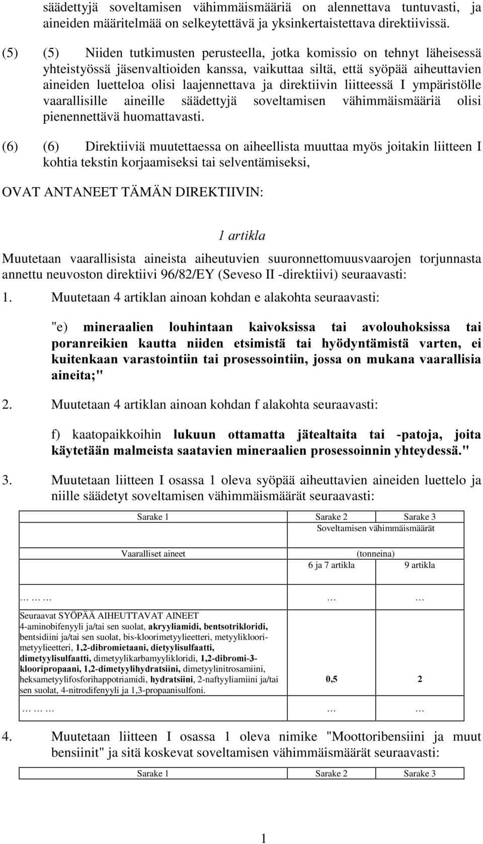 direktiivin liitteessä I ympäristölle vaarallisille aineille säädettyjä soveltamisen vähimmäismääriä olisi pienennettävä huomattavasti.