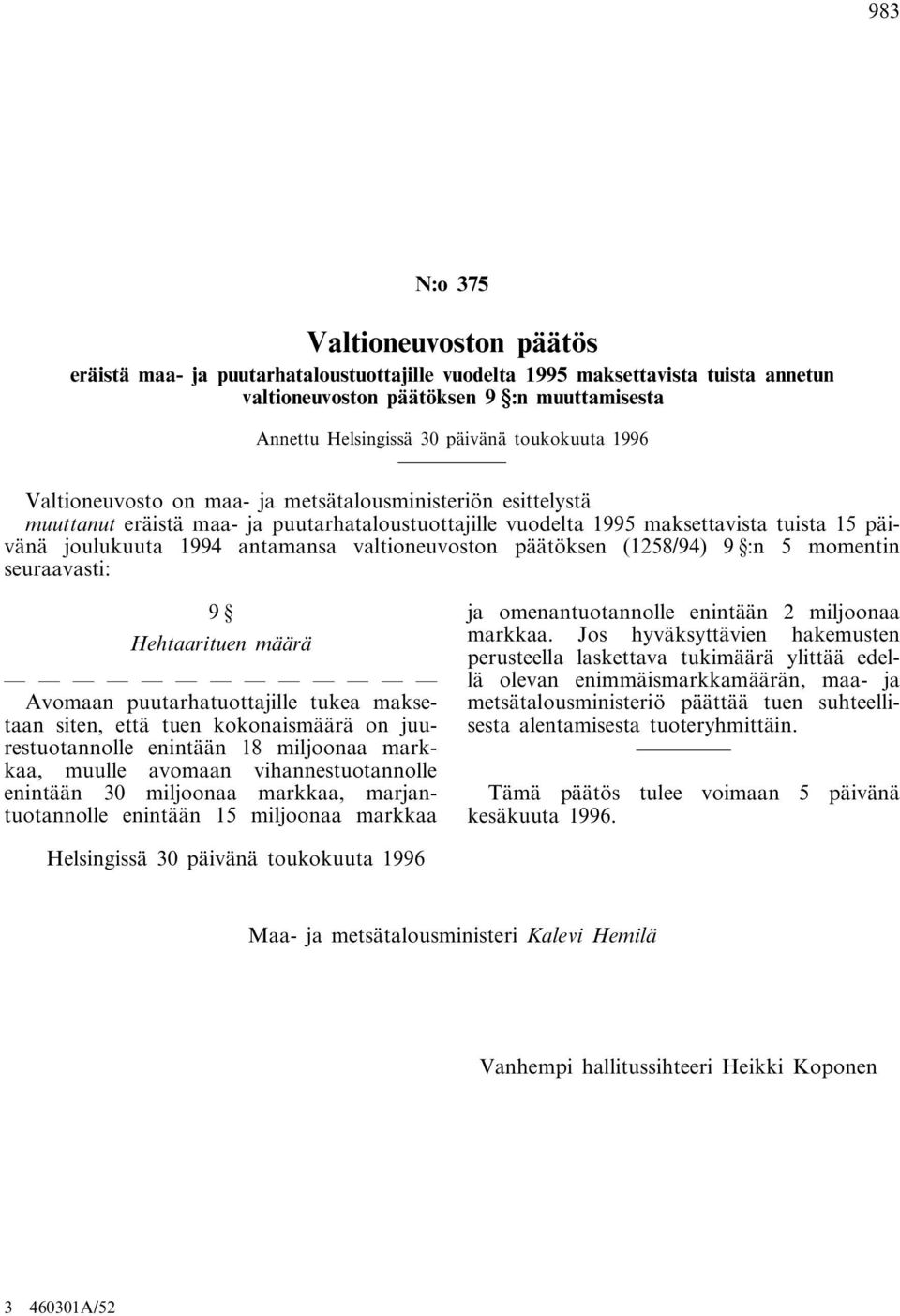 antamansa valtioneuvoston päätöksen (1258/94) 9 :n 5 momentin seuraavasti: 9 Hehtaarituen määrä Avomaan puutarhatuottajille tukea maksetaan siten, että tuen kokonaismäärä on juurestuotannolle