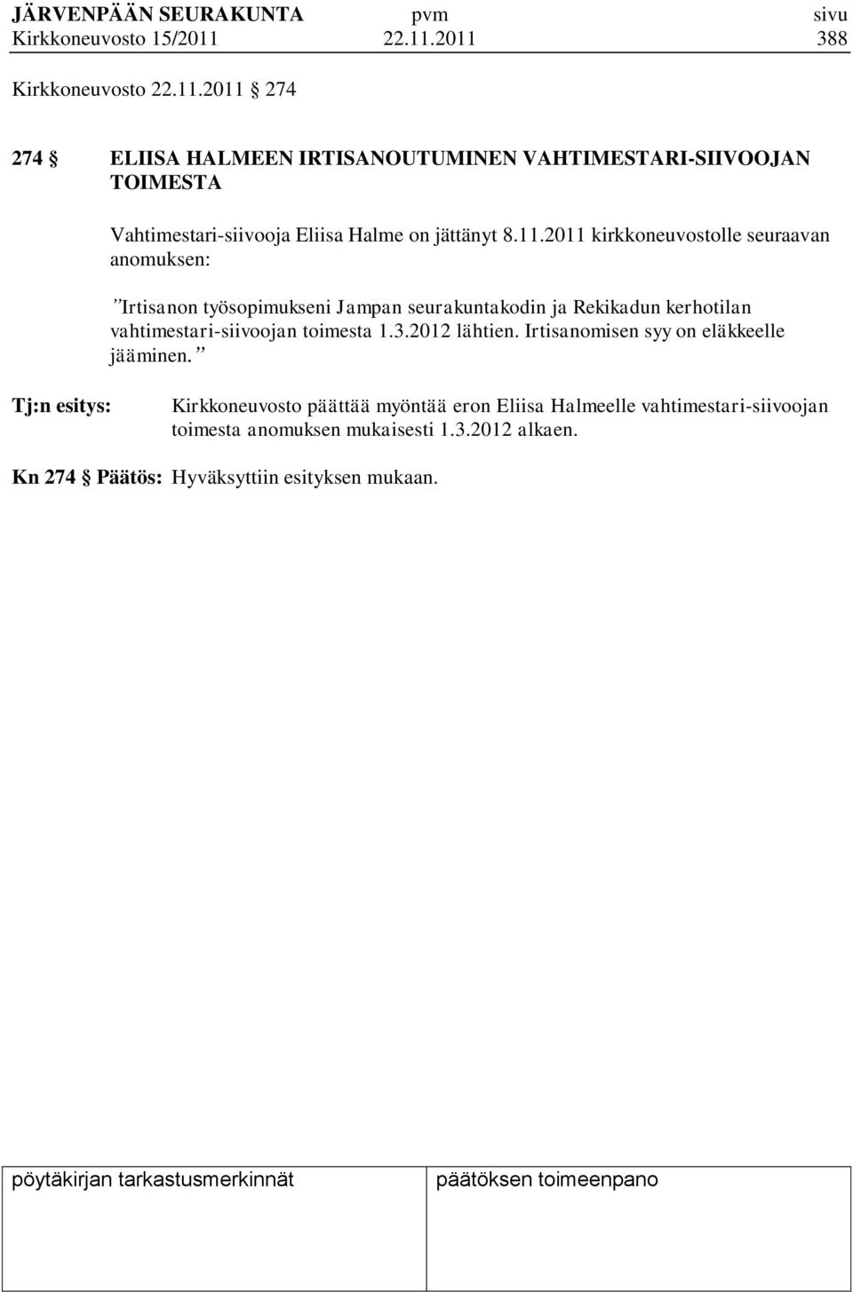 11.2011 kirkkoneuvostolle seuraavan anomuksen: Irtisanon työsopimukseni Jampan seurakuntakodin ja Rekikadun kerhotilan vahtimestari-siivoojan