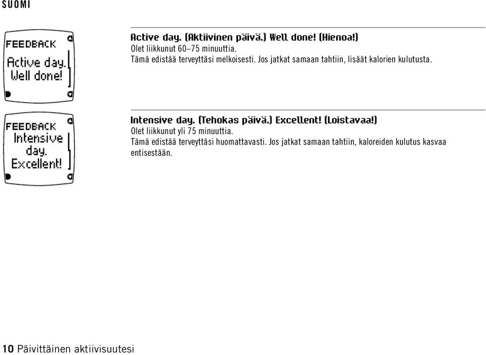 Intensive day. (Tehokas päivä.) Excellent! (Loistavaa!) Olet liikkunut yli 75 minuuttia.