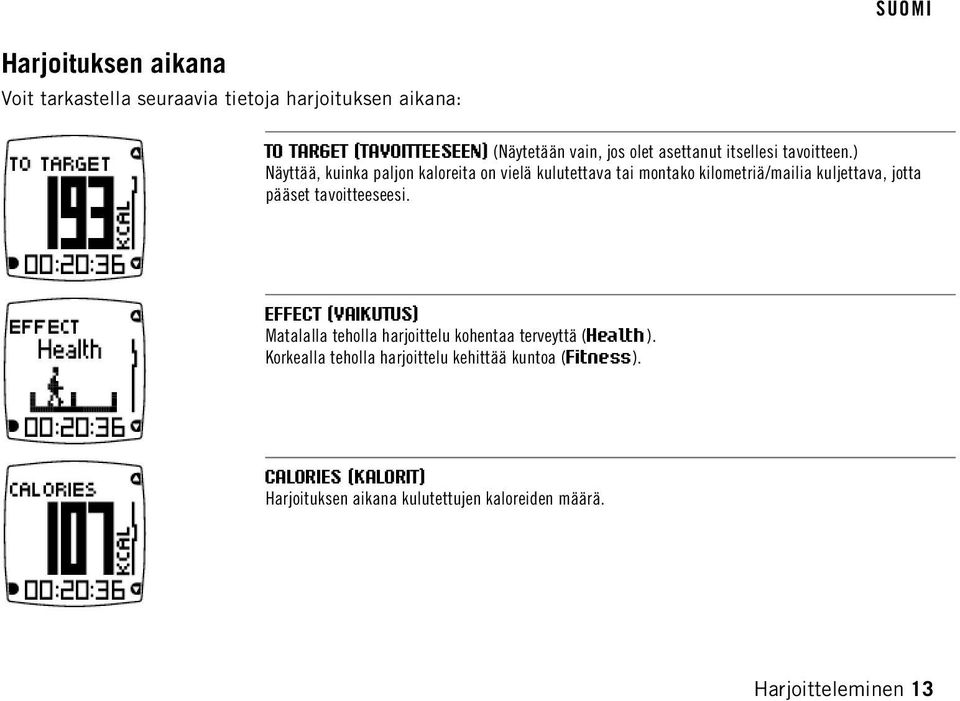 ) Näyttää, kuinka paljon kaloreita on vielä kulutettava tai montako kilometriä/mailia kuljettava, jotta pääset tavoitteeseesi.