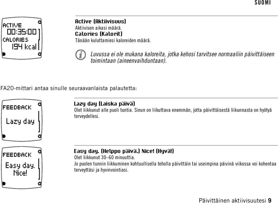 FA20-mittari antaa sinulle seuraavanlaista palautetta: Lazy day (Laiska päivä) Olet liikkunut alle puoli tuntia.