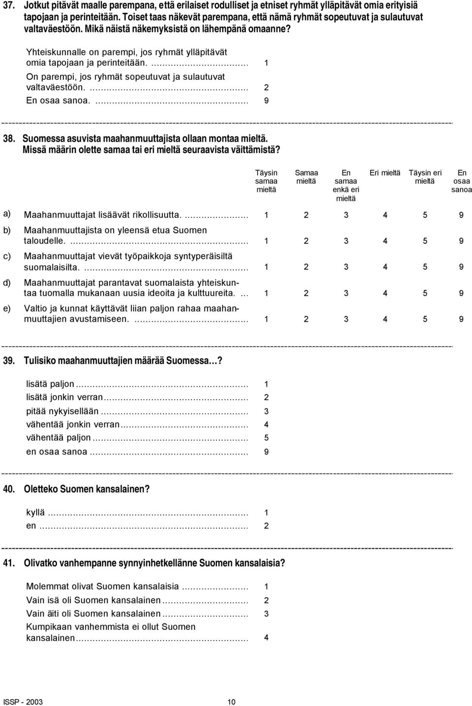 Yhteiskunnalle on parempi, jos ryhmät ylläpitävät omia tapojaan ja perinteitään.... 1 On parempi, jos ryhmät sopeutuvat ja sulautuvat valtaväestöön....2.... 9 38.