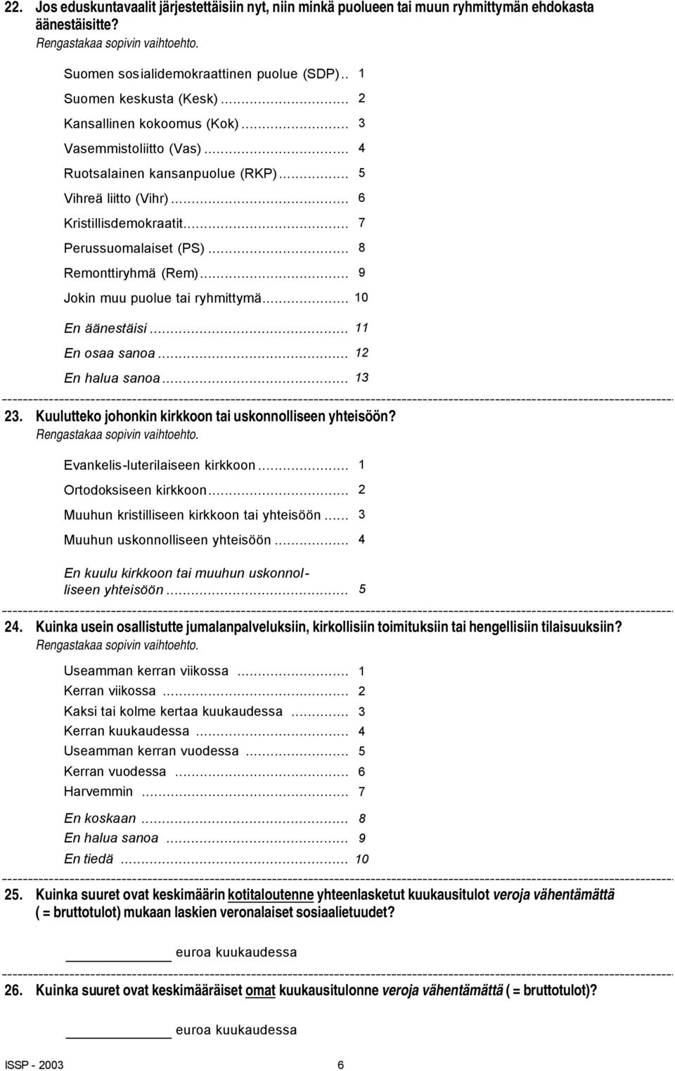 .. 7 Perussuomalaiset (PS)... 8 Remonttiryhmä (Rem)... 9 Jokin muu puolue tai ryhmittymä... 10 äänestäisi... 11... 12 halua... 13 23. Kuulutteko johonkin kirkkoon tai uskonnolliseen yhteisöön?