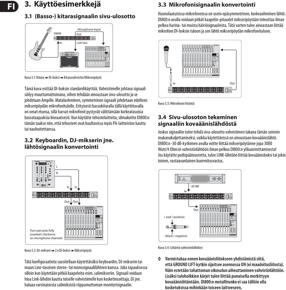 Tätä varten tulee ainoastaan liittää mikrofoni DI-boksin tuloon ja sen lähtö mikseripöydän mikrofonituloon. Link Kuva 3.