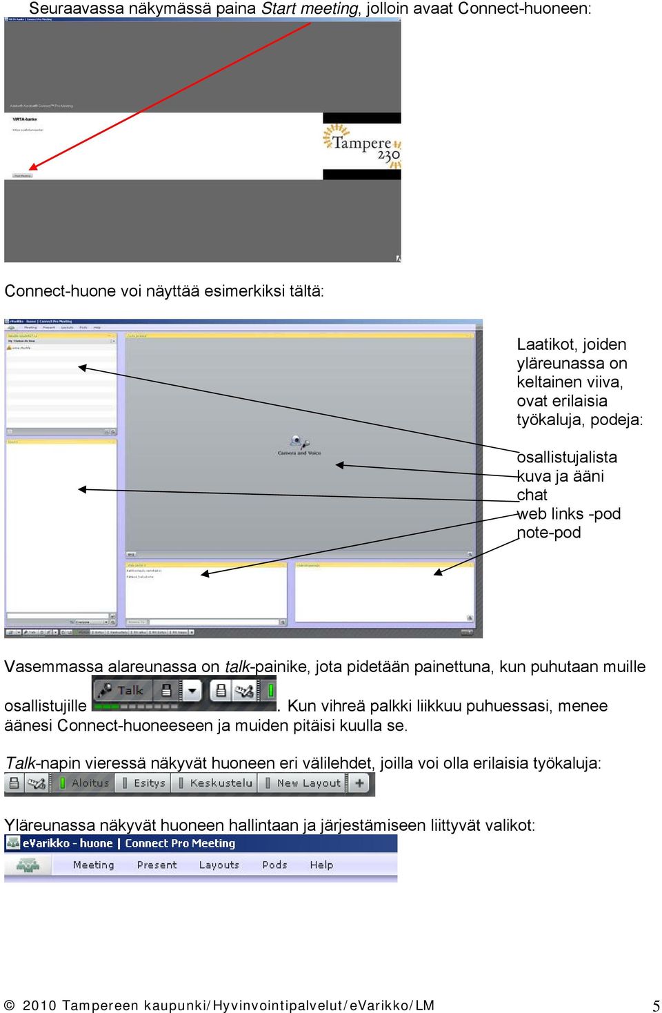 puhutaan muille osallistujille. Kun vihreä palkki liikkuu puhuessasi, menee äänesi Connect-huoneeseen ja muiden pitäisi kuulla se.