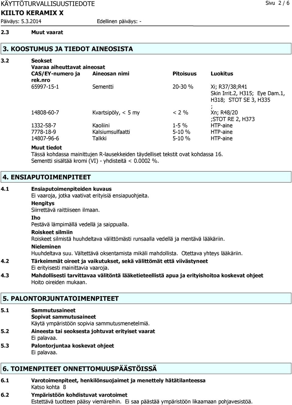 1, H318; STOT SE 3, H335 ; 14808-60-7 Kvartsipöly, < 5 my < 2 % Xn; R48/20 ;STOT RE 2, H373 1332-58-7 Kaoliini 1-5 % HTP-aine 7778-18-9 Kalsiumsulfaatti 5-10 % HTP-aine 14807-96-6 Talkki 5-10 %