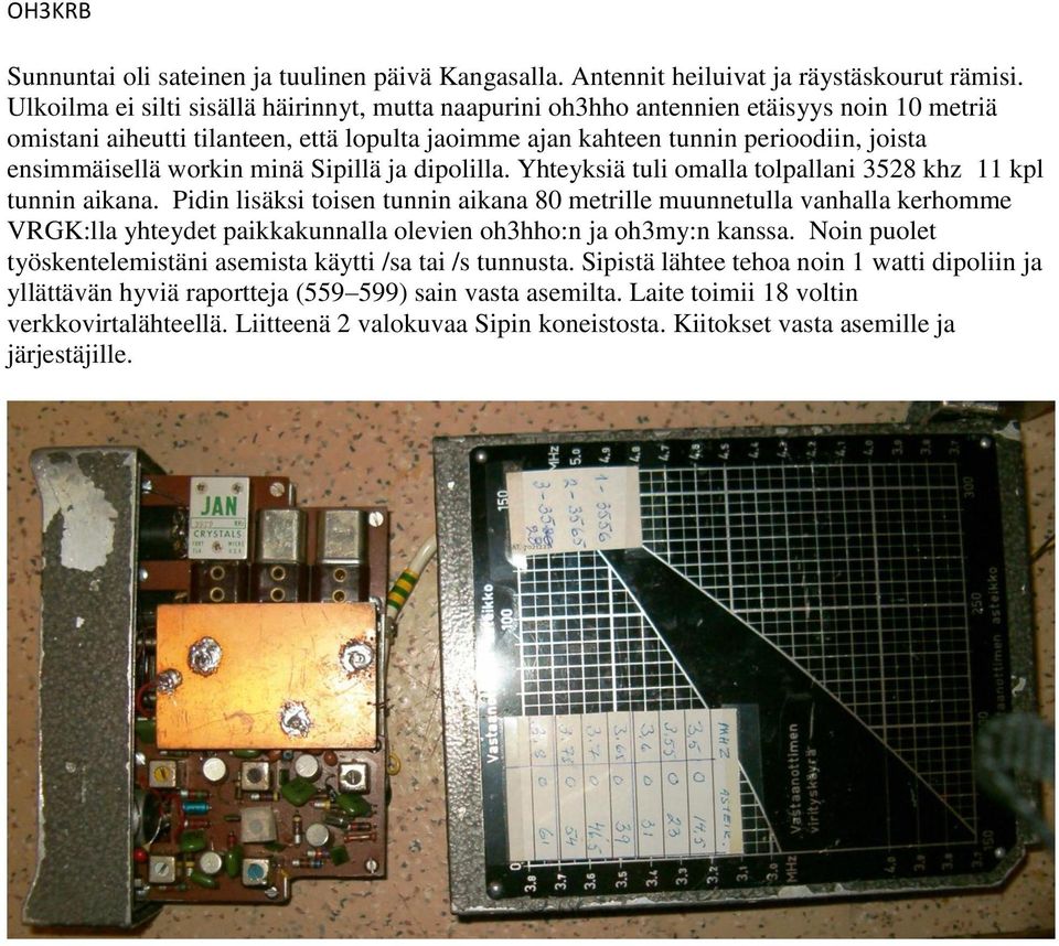 workin minä Sipillä ja dipolilla. Yhteyksiä tuli omalla tolpallani 3528 khz 11 kpl tunnin aikana.