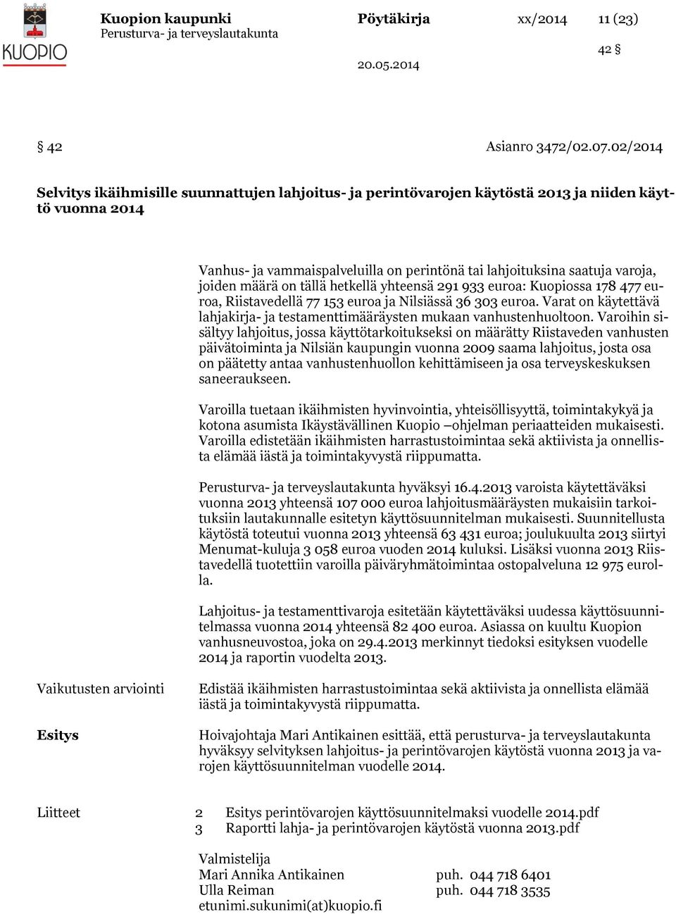 määrä on tällä hetkellä yhteensä 291 933 euroa: Kuopiossa 178 477 euroa, Riistavedellä 77 153 euroa ja Nilsiässä 36 303 euroa.