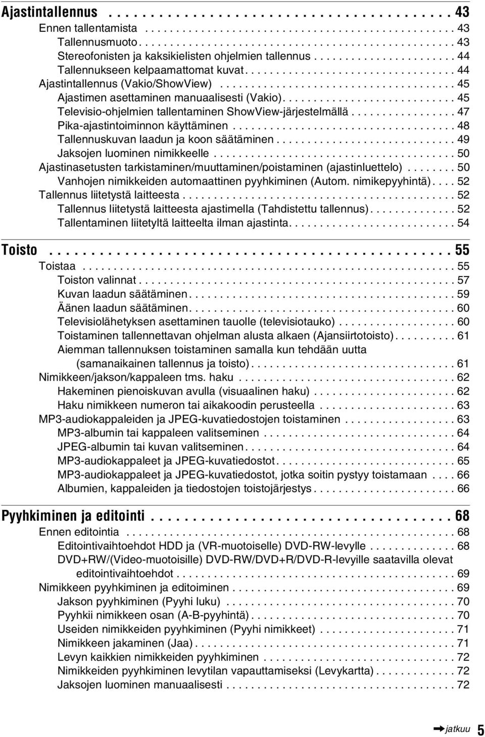 ................................. 44 Ajastintallennus (Vakio/ShowView)...................................... 45 Ajastimen asettaminen manuaalisesti (Vakio).