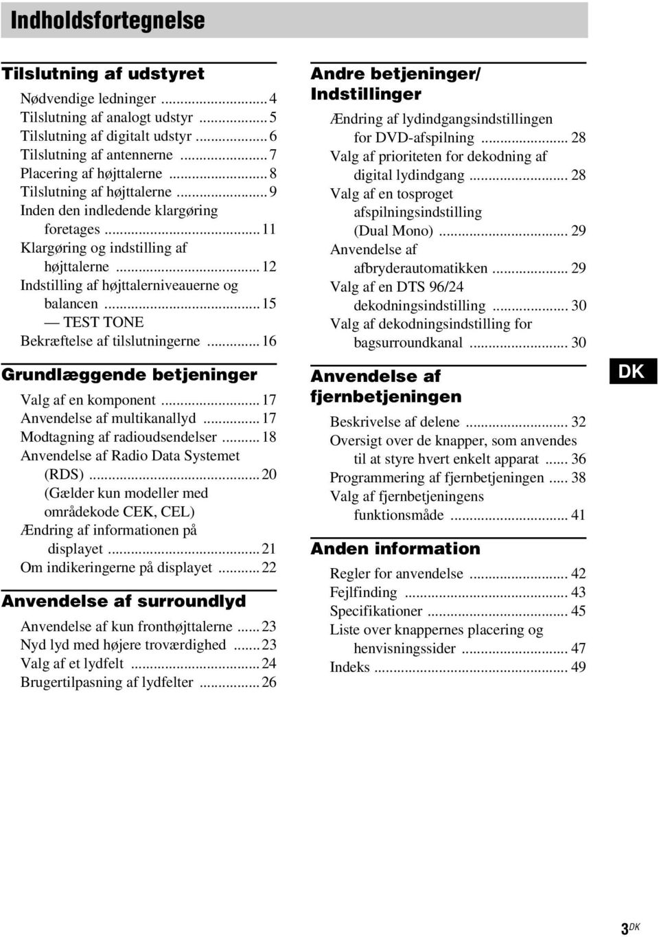 ..15 TEST TONE Bekræftelse af tilslutningerne...16 Grundlæggende betjeninger Valg af en komponent...17 Anvendelse af multikanallyd...17 Modtagning af radioudsendelser.