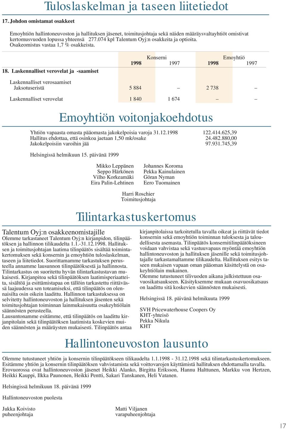 Laskennalliset verovelat ja -saamiset Konserni Emoyhtiö 1998 1997 1998 1997 Laskennalliset verosaamiset Jaksotuseristä 5 884 2 738 Laskennalliset verovelat 1 840 1 674 Emoyhtiön voitonjakoehdotus