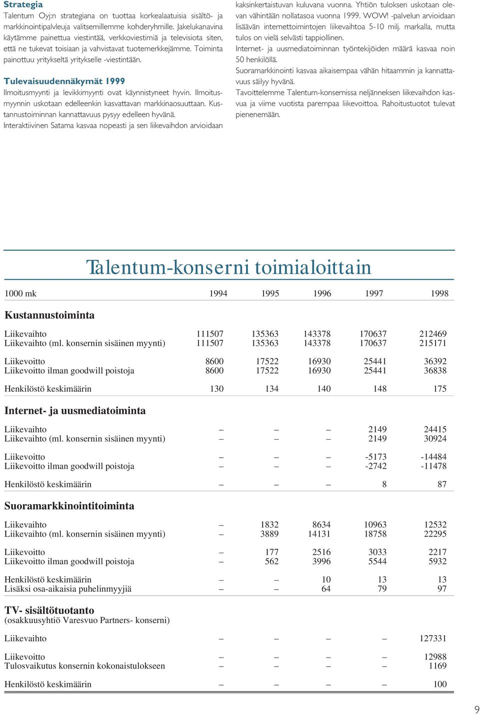 Tulevaisuudennäkymät 1999 Ilmoitusmyynti ja levikkimyynti ovat käynnistyneet hyvin. Ilmoitusmyynnin uskotaan edelleenkin kasvattavan markkinaosuuttaan.