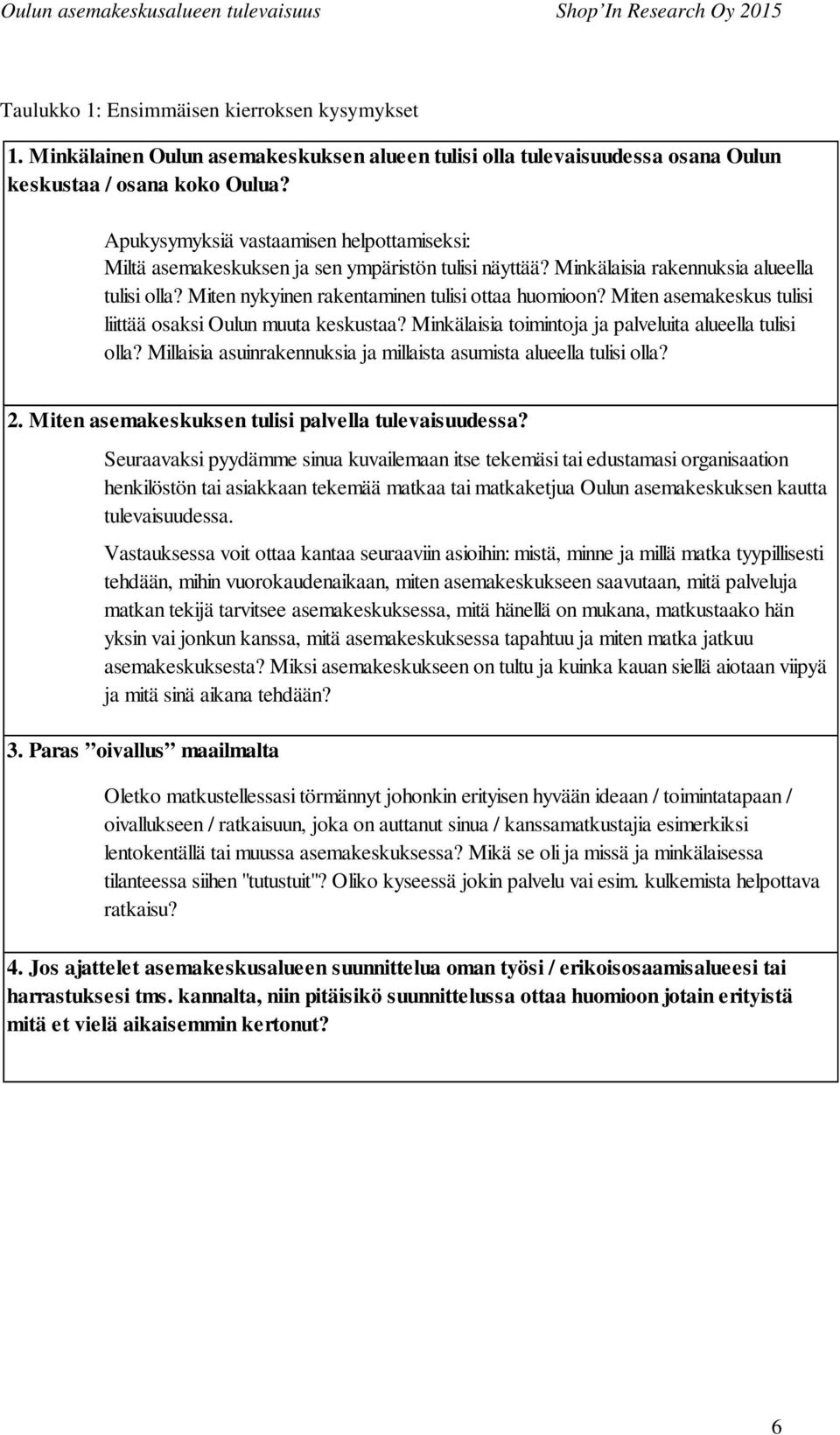 Miten asemakeskus tulisi liittää osaksi Oulun muuta keskustaa? Minkälaisia toimintoja ja palveluita alueella tulisi olla? Millaisia asuinrakennuksia ja millaista asumista alueella tulisi olla? 2.