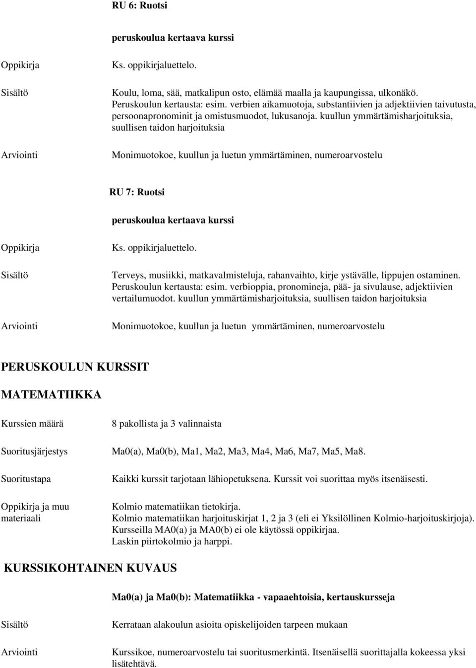 kuullun ymmärtämisharjoituksia, suullisen taidon harjoituksia Monimuotokoe, kuullun ja luetun ymmärtäminen, numeroarvostelu RU 7: Ruotsi peruskoulua kertaava kurssi Terveys, musiikki,