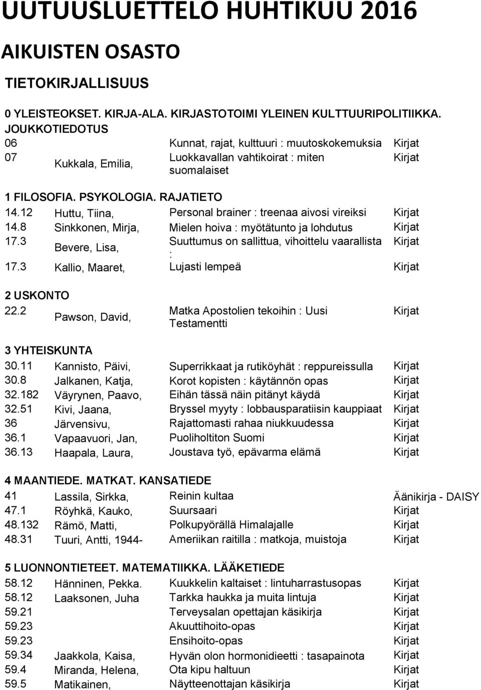 12 Huttu, Tiina, Personal brainer : treenaa aivosi vireiksi Kirjat 14.8 Sinkkonen, Mirja, Mielen hoiva : myötätunto ja lohdutus Kirjat 17.