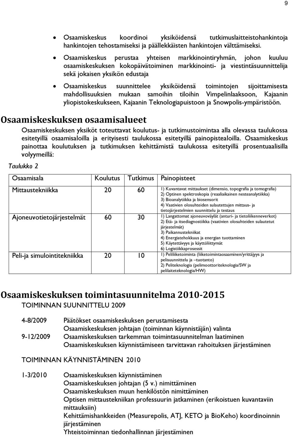 yksiköidensä toimintojen sijoittamisesta mahdollisuuksien mukaan samoihin tiloihin Vimpelinlaaksoon, Kajaanin yliopistokeskukseen, Kajaanin Teknologiapuistoon ja Snowpolis-ympäristöön.