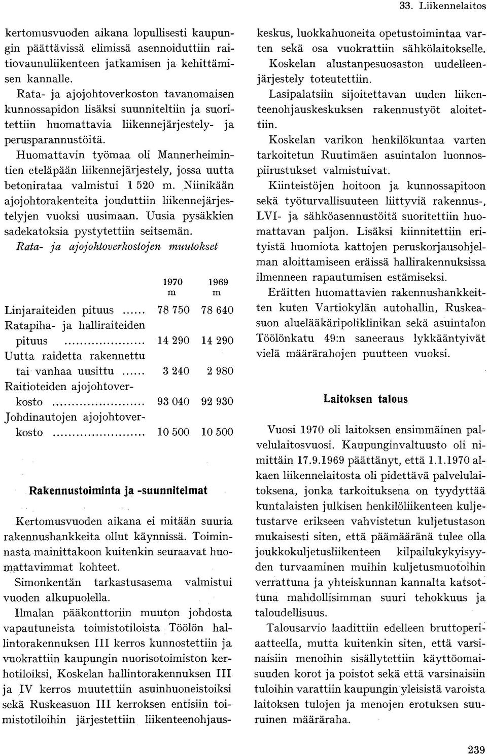 Huomattavin työmaa oli Mannerheimintien eteläpään liikennejärjestely, jossa uutta betonirataa valmistui 1 520 m. Niinikään ajojohtorakenteita jouduttiin liikennejärjestelyjen vuoksi uusimaan.