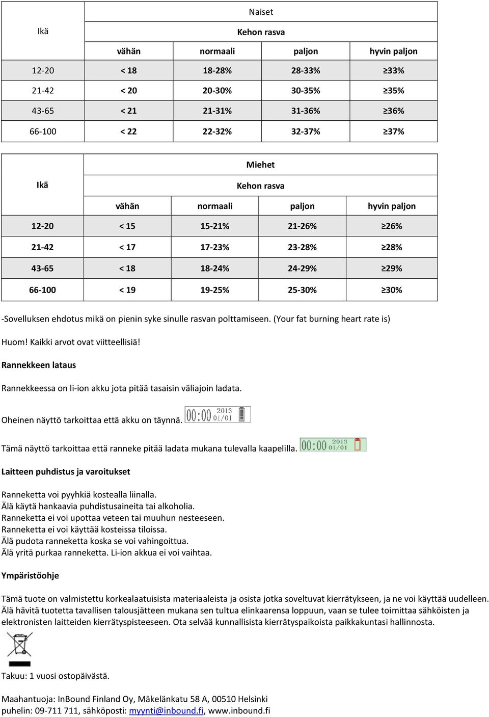 sinulle rasvan polttamiseen. (Your fat burning heart rate is) Huom! Kaikki arvot ovat viitteellisiä! Rannekkeen lataus Rannekkeessa on li-ion akku jota pitää tasaisin väliajoin ladata.