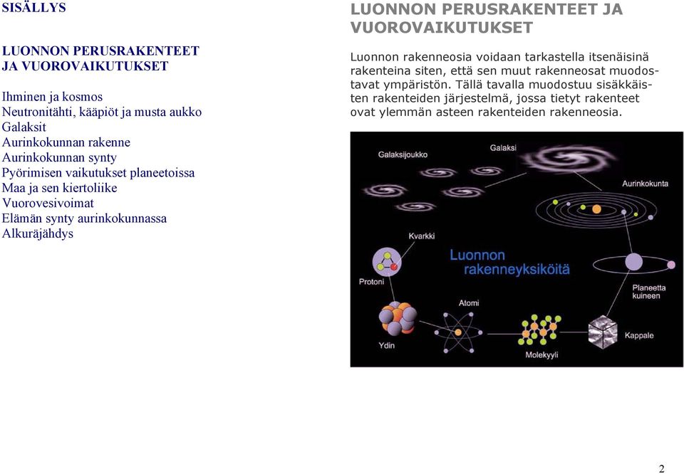 LUONNON PERUSRAKENTEET JA VUOROVAIKUTUKSET Luonnon rakenneosia voidaan tarkastella itsenäisinä rakenteina siten, että sen muut rakenneosat