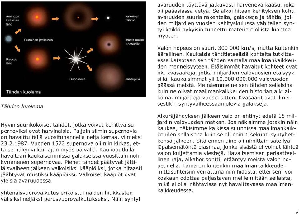 Tähden kuolema Hyvin suurikokoiset tähdet, jotka voivat kehittyä supernoviksi ovat harvinaisia. Paljain silmin supernovia on havaittu tällä vuosituhannella neljä kertaa, viimeksi 23.2.1987.