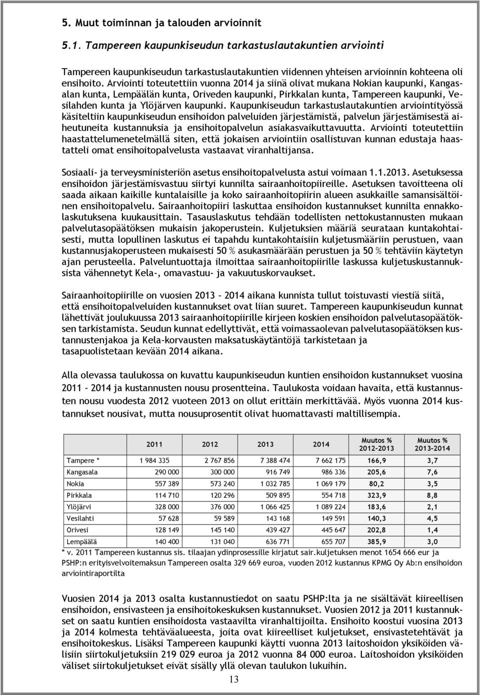 Arviointi toteutettiin vuonna 2014 ja siinä olivat mukana Nokian kaupunki, Kangasalan kunta, Lempäälän kunta, Oriveden kaupunki, Pirkkalan kunta, Tampereen kaupunki, Vesilahden kunta ja Ylöjärven