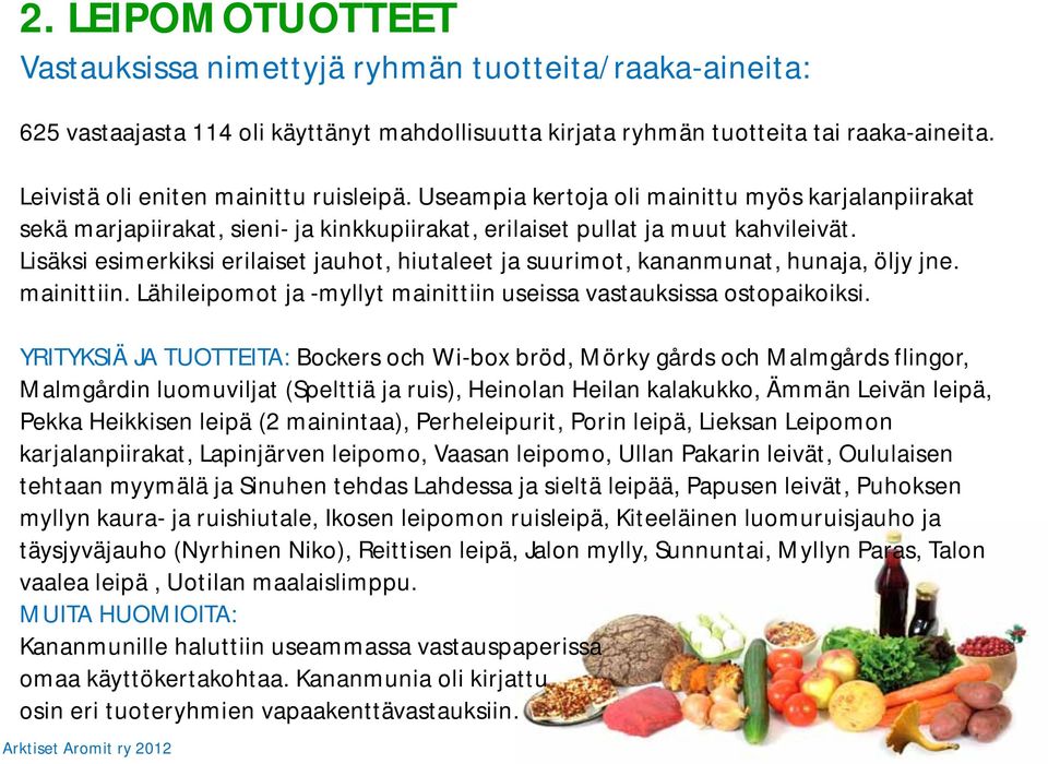 Lisäksi esimerkiksi erilaiset jauhot, hiutaleet ja suurimot, kananmunat, hunaja, öljy jne. mainittiin. Lähileipomot ja -myllyt mainittiin useissa vastauksissa ostopaikoiksi.