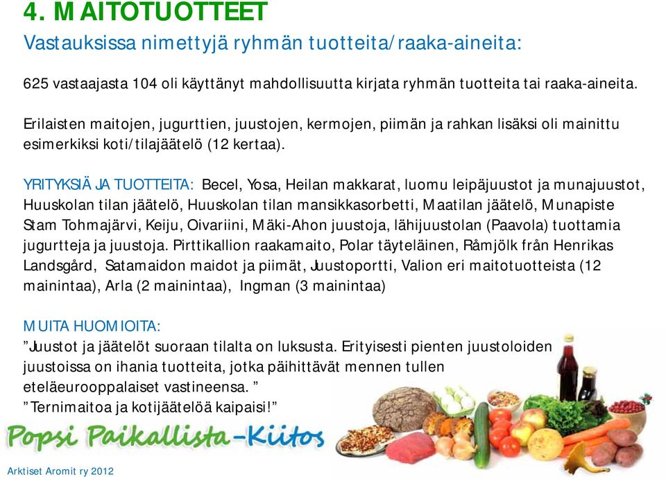YRITYKSIÄ JA TUOTTEITA: Becel, Yosa, Heilan makkarat, luomu leipäjuustot ja munajuustot, Huuskolan tilan jäätelö, Huuskolan tilan mansikkasorbetti, Maatilan jäätelö, Munapiste Stam Tohmajärvi, Keiju,