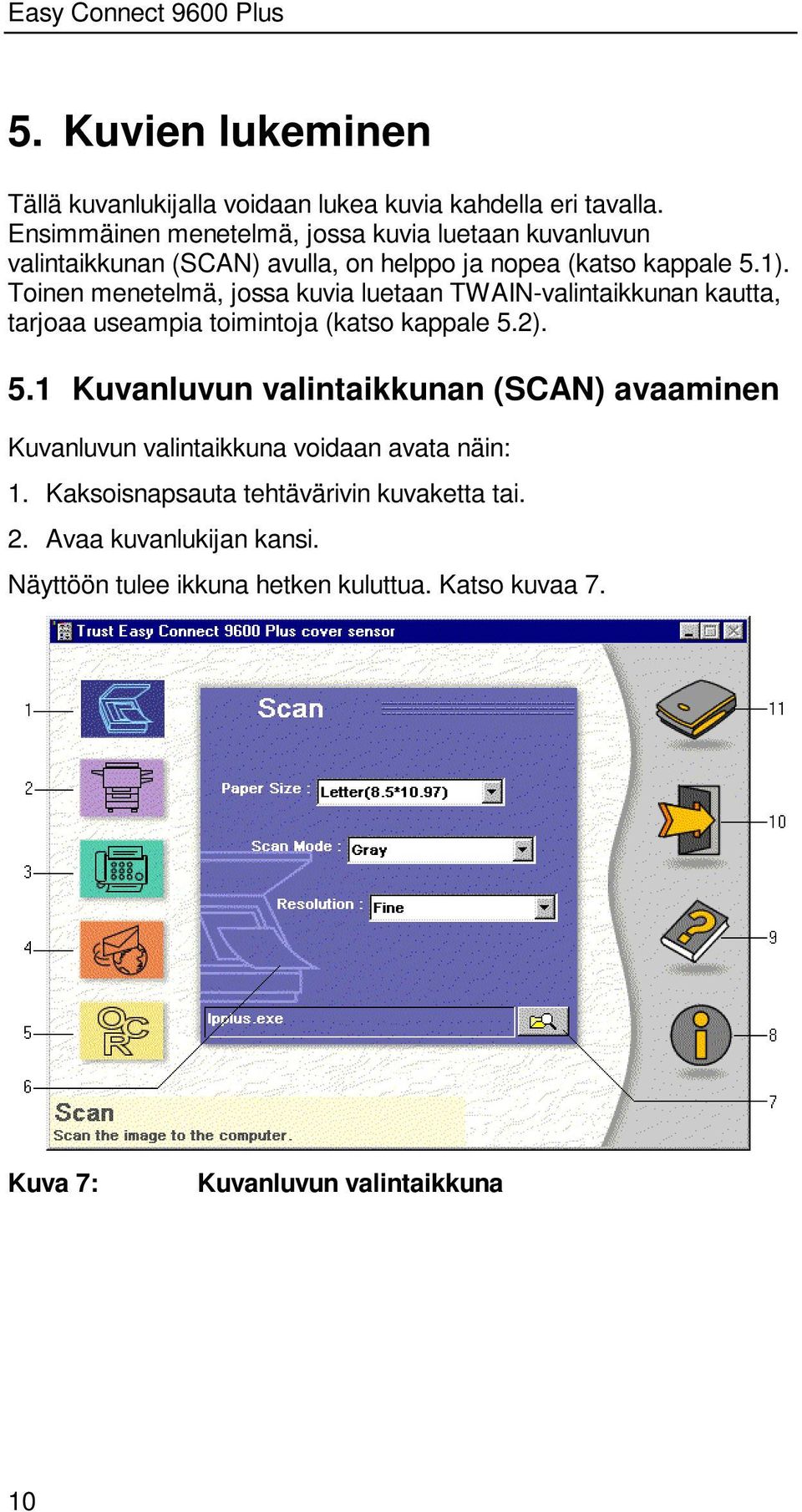 Toinen menetelmä, jossa kuvia luetaan TWAIN-valintaikkunan kautta, tarjoaa useampia toimintoja (katso kappale 5.